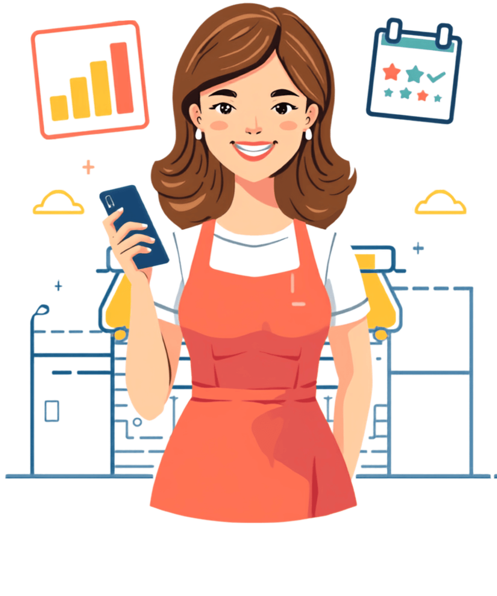A shop owner smiling at her phone while enquiries, reviews and sales come in